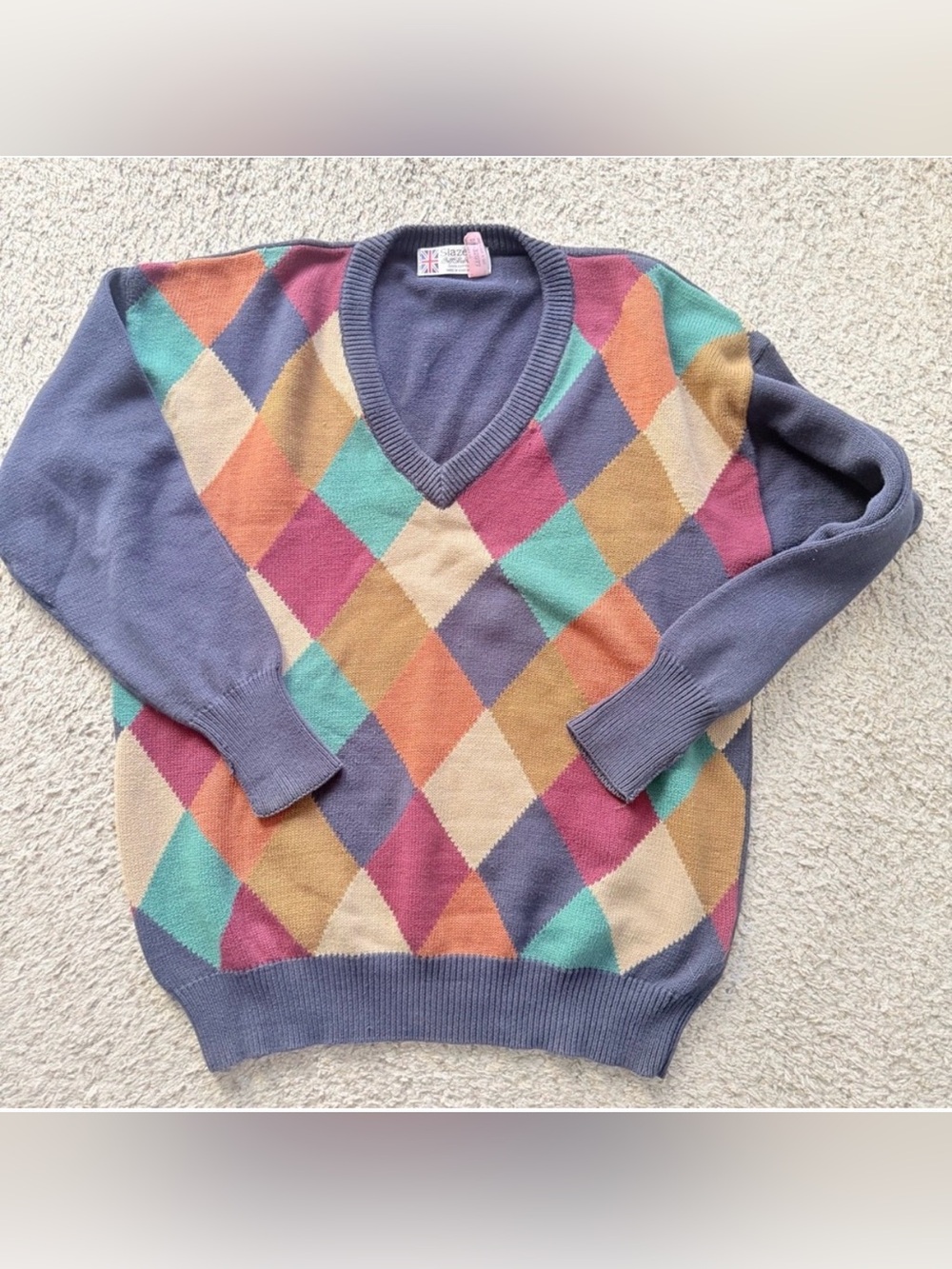 Slazenger Argyle V-Neck Sweater XL 100% Cotton Knit Golf